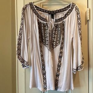 INC cold shoulder top sz L white with bronze trim / embroidery.